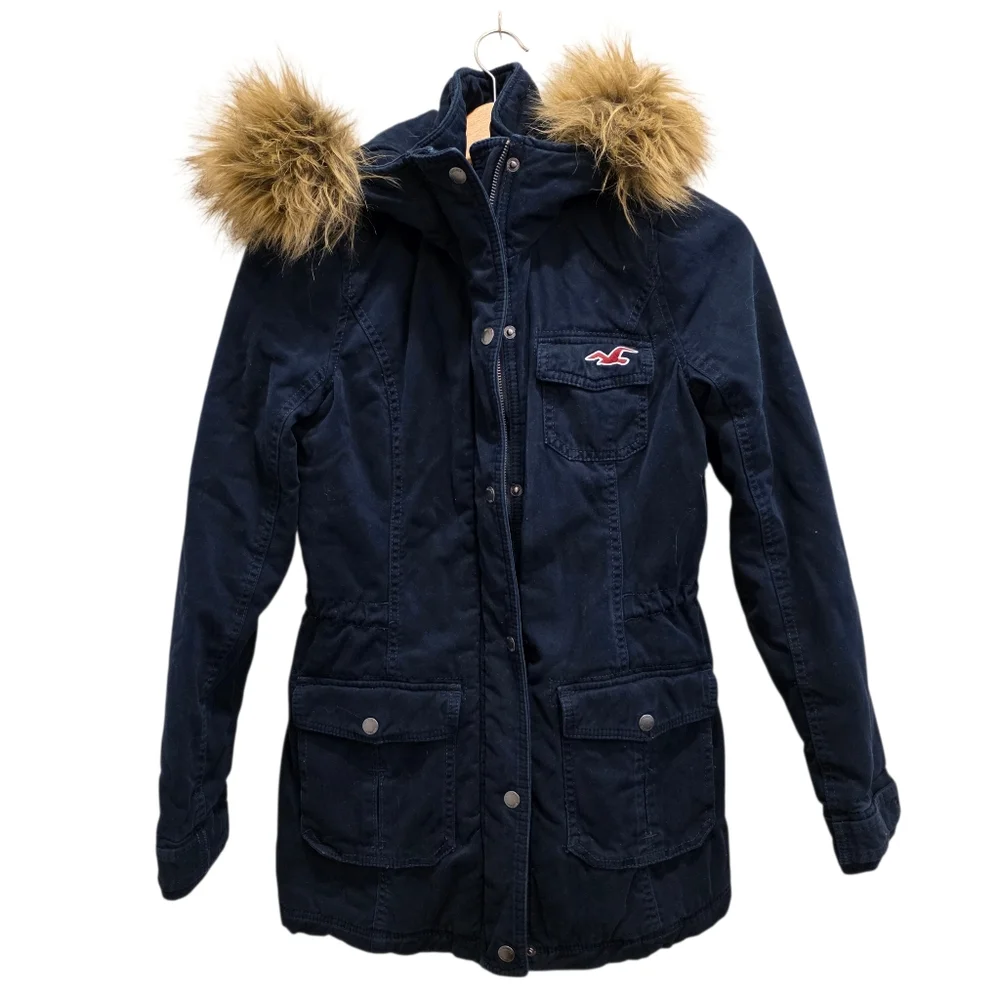 Hollister Y2K Navy Blue Hooded Utility Coat Sherpa Lined Jacket Women's Size M - Picture 1 of 16